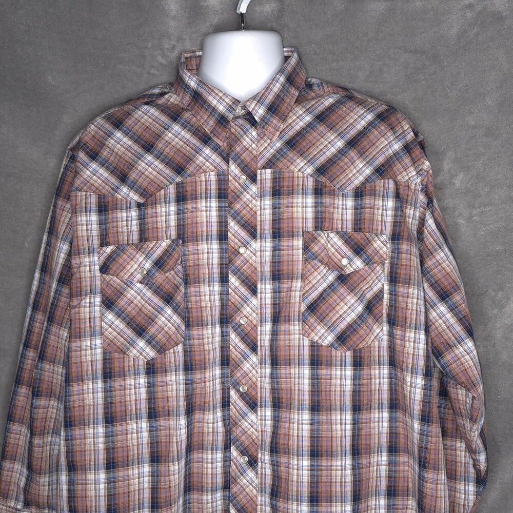 Wrangler Mens Retro Western Plaid Pearl Snap Shirt 2XL Long Sleeve Brown Blue